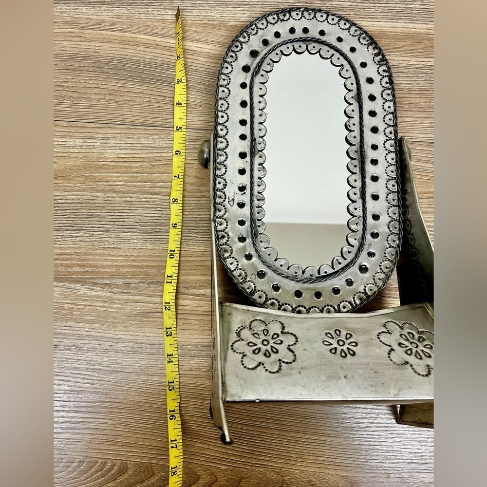 Vintage Mexican Punched Tin Vanity Mirror w/ Stand, Old Folk Art Southwestern - Picture 6 of 9